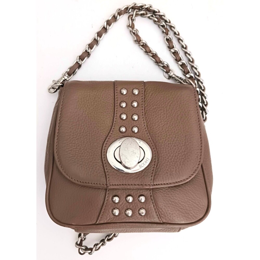 Bodhi Brown Pebbled Leather Flap Front Crossbody Bag Chain Strap Studs